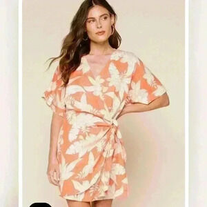 Amuse Society Mala Wrap Dress Coral Tropical Resort small